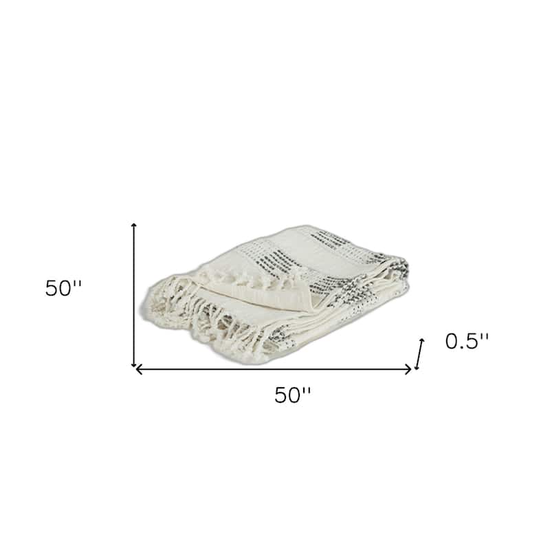 HomeRoots Beige and Gray Woven Cotton Throw Blanket with Fringe