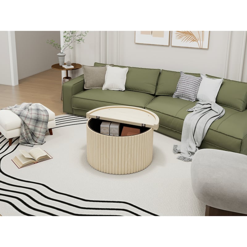 Round Coffee Table with Wood Grain Vertical Stripes, Small Fluted Circle Side Table, Center Table with Adjustable Feet