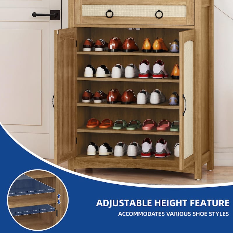 Moasis Farmhouse 20 Pairs Shoe Cabinet with Drawer Rattan Shoes Rackt with Doors for Entryway Hallway