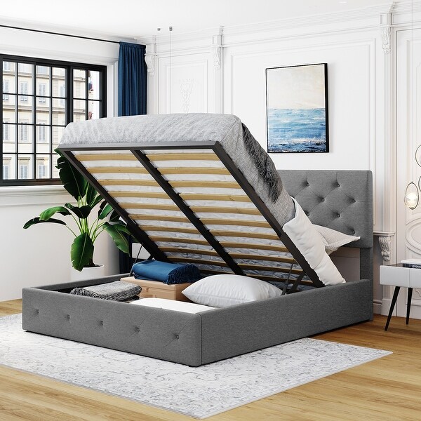 Queen Size Line Upholstered Platform Bed with Hidden Storage