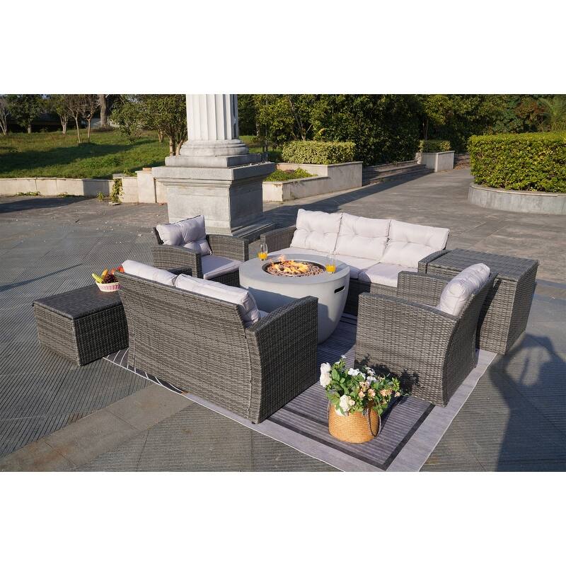 7-Piece Outdoor Wicker Conversation Sofa Set with Fire Pit