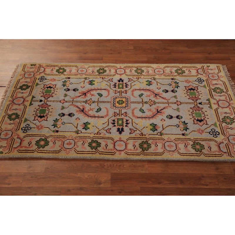 Transitional Beige Oushak Indian Foyer Rug Hand-Knotted Wool Carpet - 2'11"x 5'0"