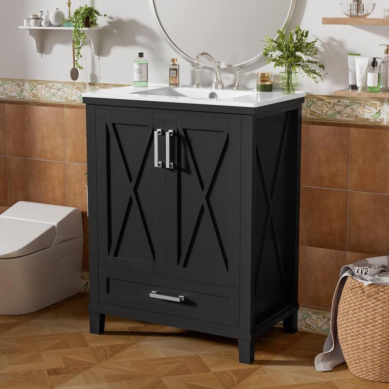 30" Bathroom Vanity - Solid Wood Frame, Single Sink, 2 Soft-Close Doors, Divided Drawer & Dual Storage Shelves