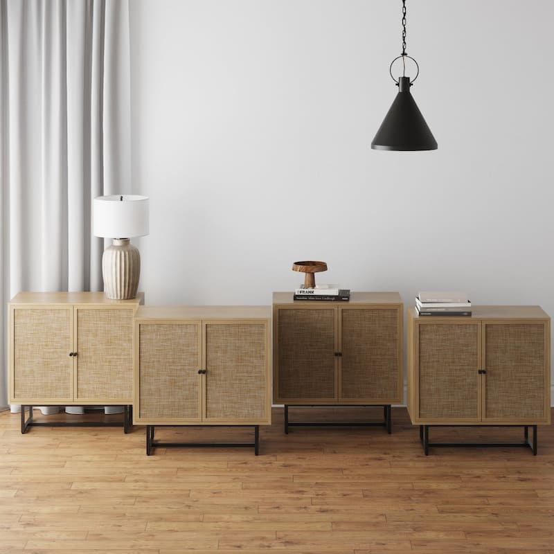 Nathan James Kova Natural Cane Rattan Doors Accent Cabinet with Metal Base and Adjustable Shelf - Oak - Set of 4