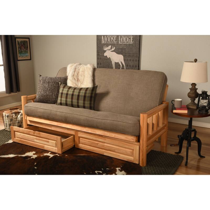 Somette Lodge Storage Futon Set in Natural Finish with Linen Mattress - Linen Stone