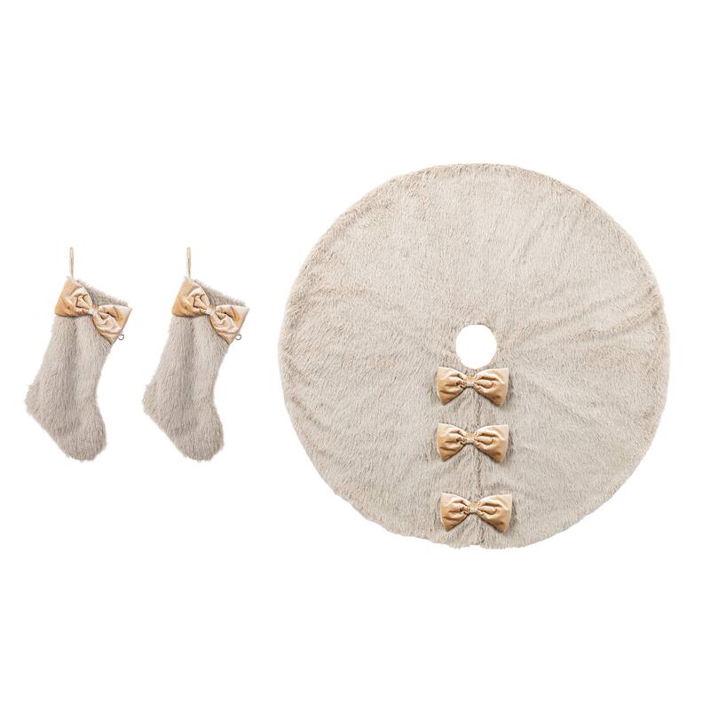 Glitzhome Set of 2 or 3 Faux Fur 48"D/60"D Tree Skirt & Christmas Stocking Decorations - 3PK 48"D Grey Tree Skirt & Stockings