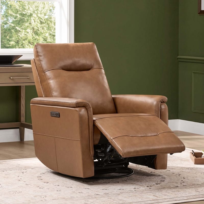 Spruce & Spring Genuine Leather Swivel Glider Recliner with Adjustable Headrest