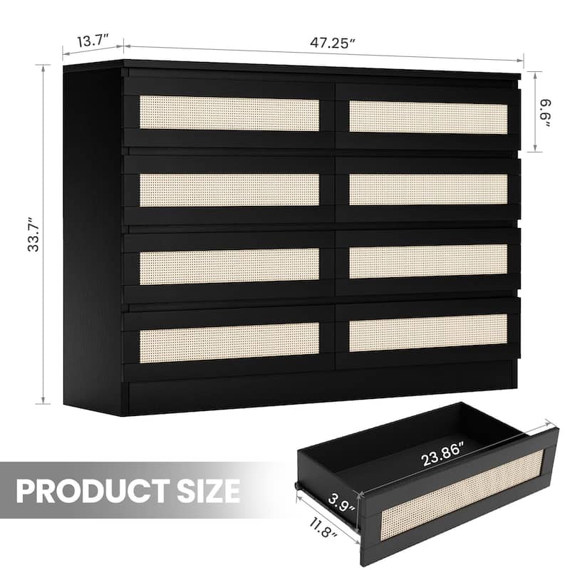 Rattan Dresser for Bedroom, Closet, Wooden Dresser with 8 Drawers, Modern Chest of Drawers with Large Storage