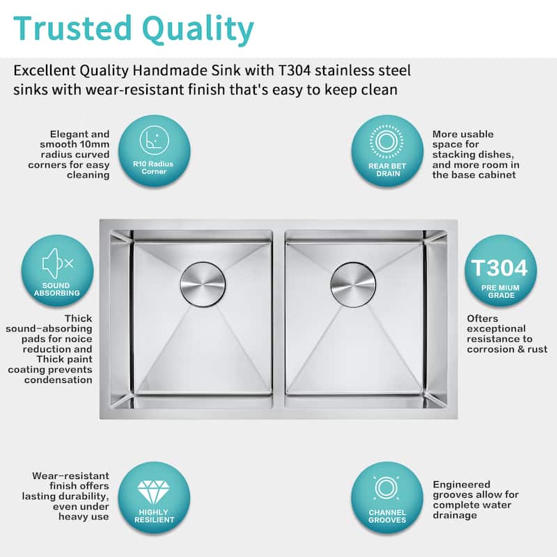 32 inch Undermount 50/50 Double Bowl Kitchen Sink Stainless Steel - 18"x32"x9"