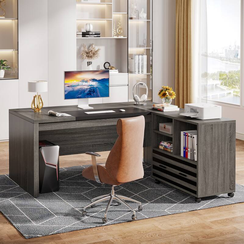 62.2" Executive Desk with Mobile File Cabinet, L-Shaped Office Desk for Home Office - Grey