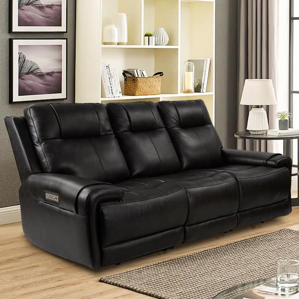 slide 2 of 11, 93" Wide Top Grain Leather Power Reclining Sofa with USB Port Black