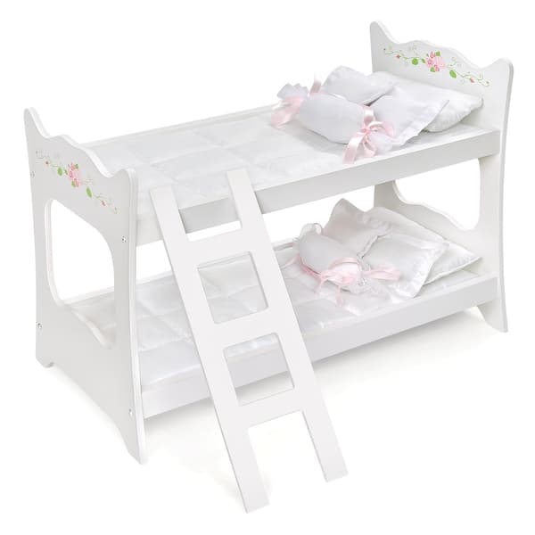 slide 2 of 8, Badger Basket Doll Bunk Bed with Ladder and Bedding - White Rose - 22.25" x 11.25" x 17"