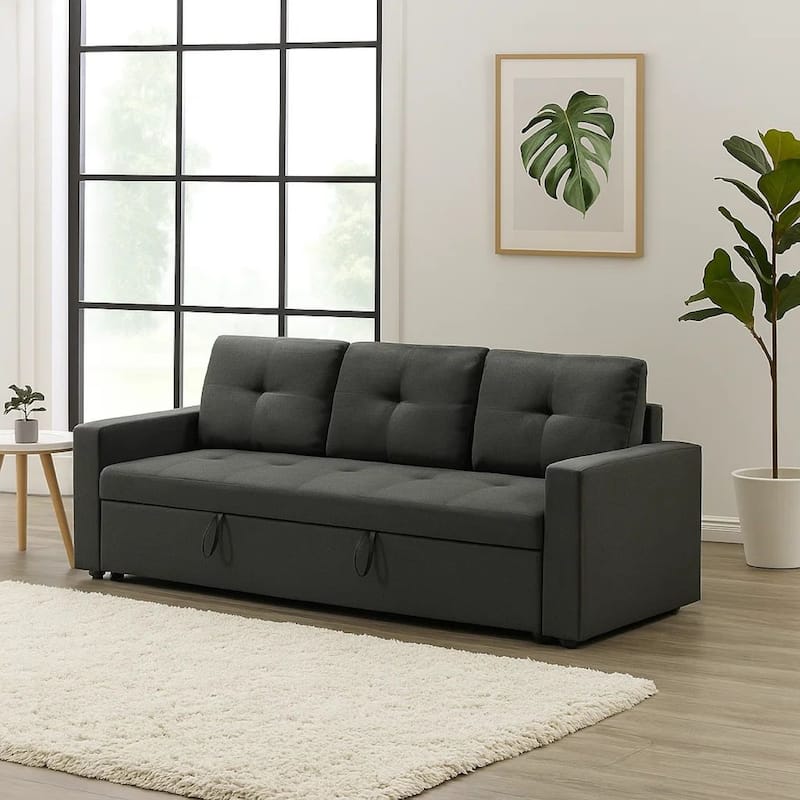 Biry Pull Out Sleeper Sofa Bed, Tufted Cushions, Dark Gray Fabric