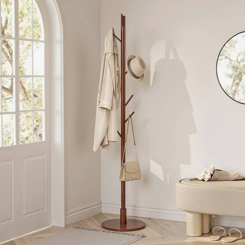 VECELO Brown Height Adjustable Bamboo Tree Coat Rack with 8 Hooks Round Base Freestanding Clothing Rack for Small Spaces - Brown