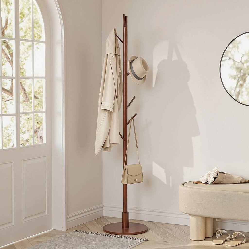 VECELO Brown Height Adjustable Bamboo Tree Coat Rack with 8 Hooks Round Base Freestanding Clothing Rack for Small Spaces