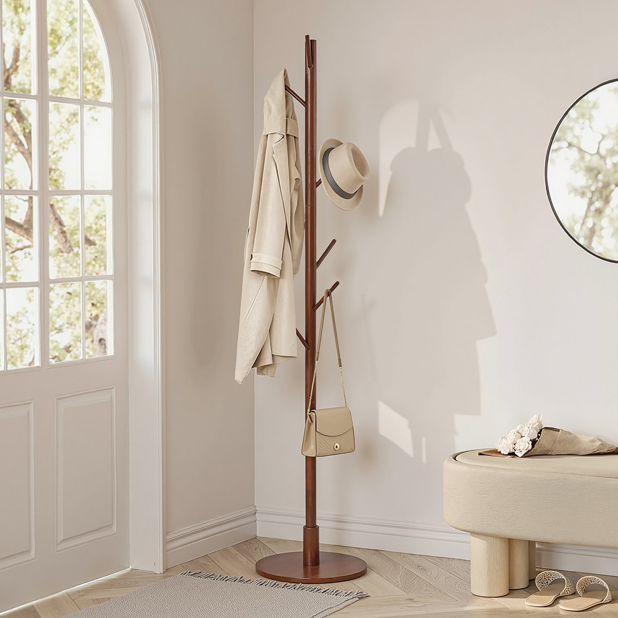 VECELO Height Adjustable Bamboo Tree Coat Rack with 8 Hooks Round Base Freestanding Clothing Rack for Small Spaces
