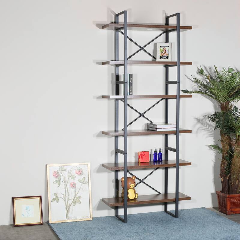 6-tier etagered walnut shelf bookcase with black metal frame - 35.43*12.5*85 inches