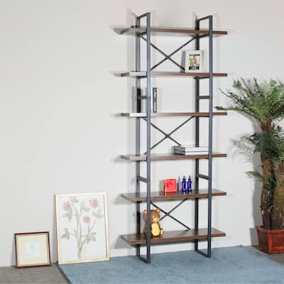 6-tier etagered walnut shelf bookcase with black metal frame - 35.43*12.5*85 inches
