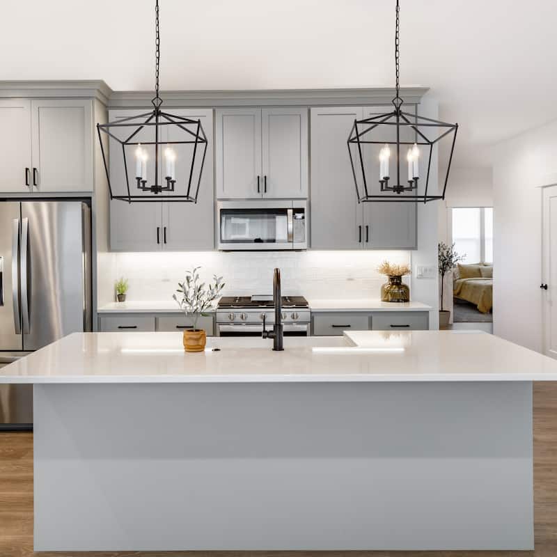 Modern Black 4-Light Lantern Chandelier Island Light for Kitchen Island - L17.5"*W17.5"*H20"