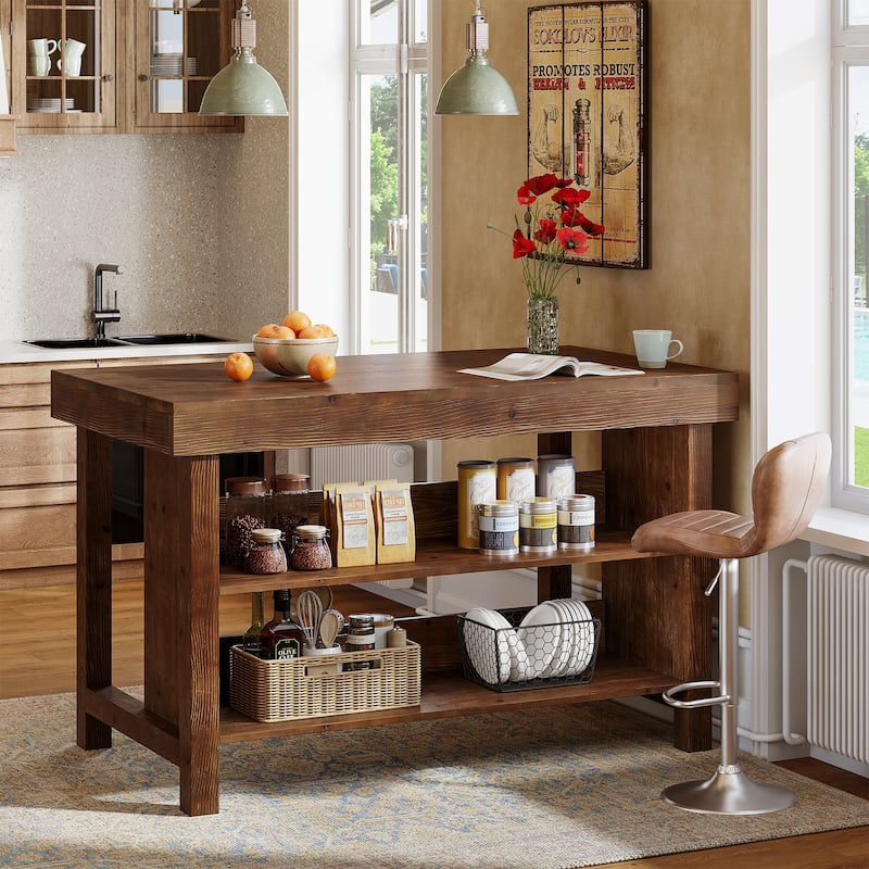 Solid Wood Kitchen Island, Open Storage Counter Height Table, Kitchen Dining/Living Room Coffee Bar Accent Island