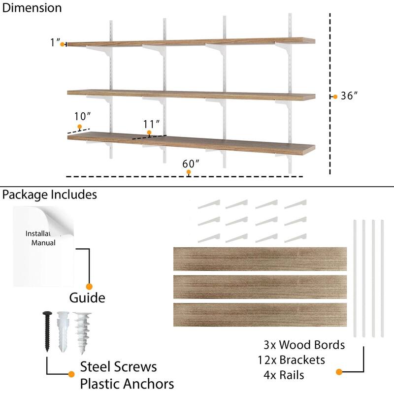 Wallniture Turin 60" Floating Wall Shelf with Adjustable Brackets, Hanging Shelves, Wall Mounted, Boho Decor, Wood, Tier Options