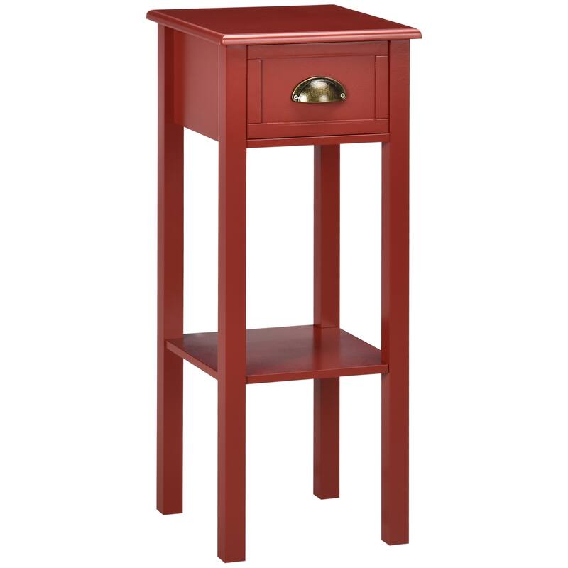 2-Tier Side Table with Drawer, Narrow End Table with Bottom Shelf, for Living Room or Bedroom, Red - Red