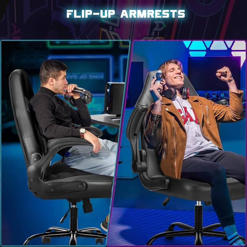 Ergonomic PU Leather Gaming Chair Adjustable Height with Flip-up Armrest for Adults, Kids