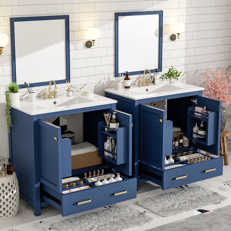 Roomfitters Modern 60" Double Bathroom Vanity Set with Ceramic Sinks, Storage Shelves and Divided Drawers