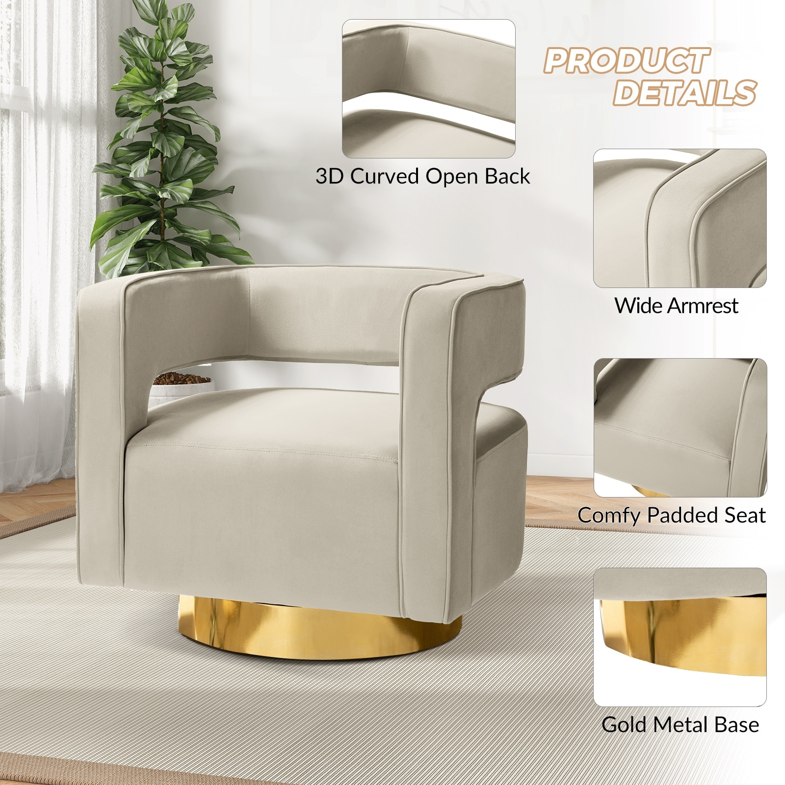 Carisa Modern Upholstered Swivel Open-Back Barrel Chair with Golden Base Set Of 2 by HULALA HOME