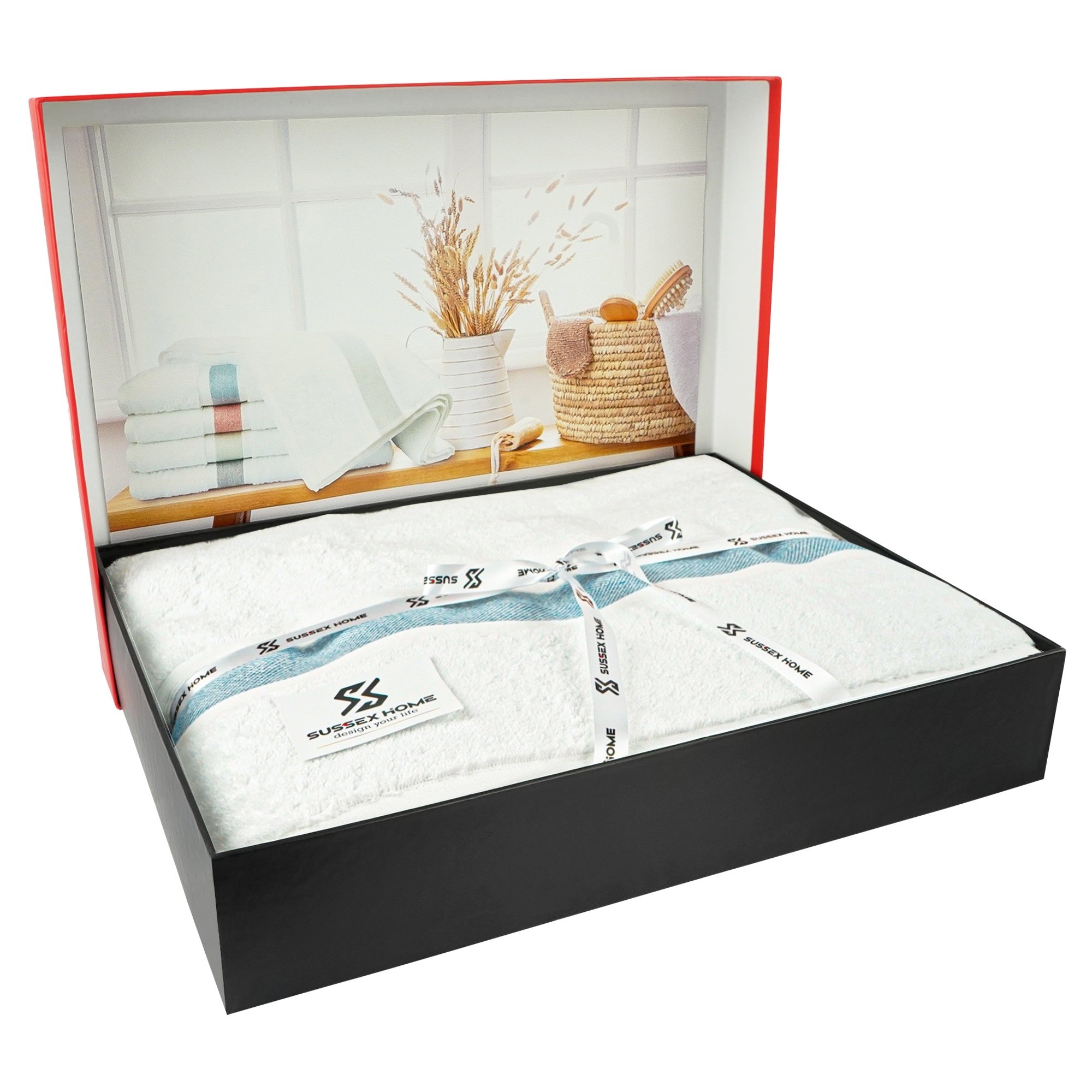 Ultra-Absorbent Natural Cotton Large Bath Towel Set in White & Salmon-image