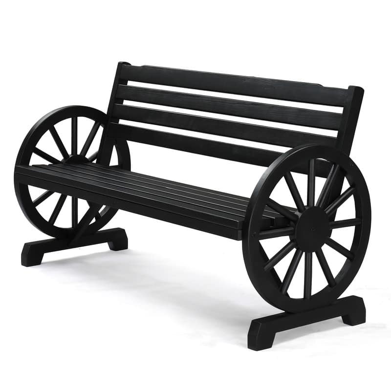 56 in. Outdoor Wooden Wagon Wheel Bench with Slatted Seat and Backrest - Black