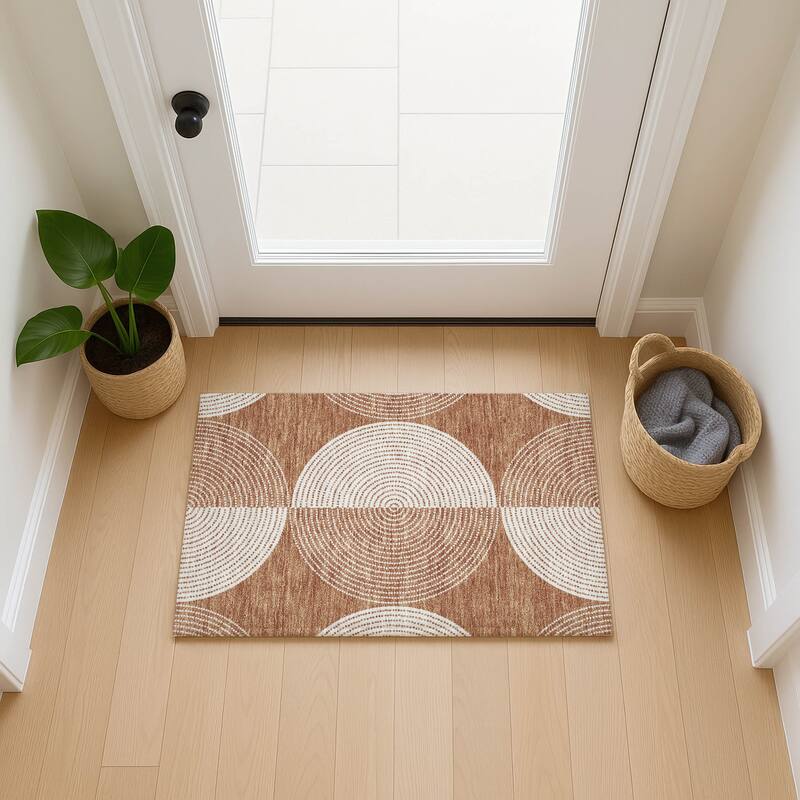 Machine Washable Indoor/ Outdoor Geo Circles Chantille Rug