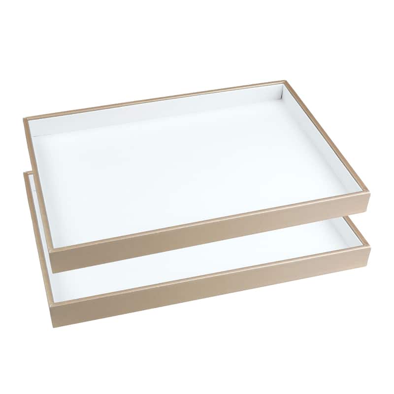 2Pcs Stackable PU Leather Jewelry Organizer Trays w Removable Dividers - White