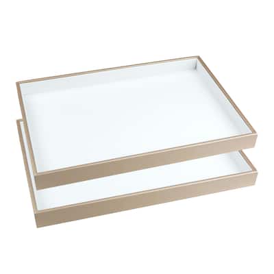 2Pcs Stackable PU Leather Jewelry Organizer Trays w Removable Dividers - White