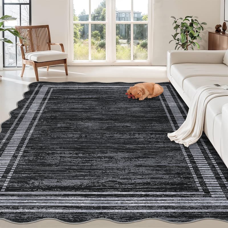 Washable Scalloped Area Rugs, Modern Bordered Living Room Rugs for Bedroom - 5'x7' - Black