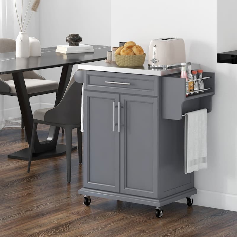 HOMCOM Kitchen Island on Wheels, Rolling Kitchen Cart with Stainless Steel Countertop, Drawer, Gray - Grey