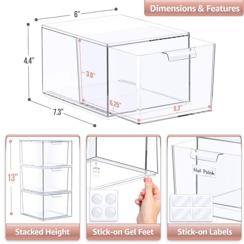 Sorbus Acrylic Cosmetic Vanity Makeup Organizer Drawer 3 Pack Clear Stackable Bathroom Undersink Cabinets Jewelry Office Storage