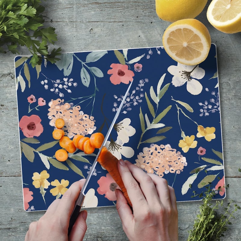 Blue Floral 3mm Heat Tolerant Tempered Glass Cutting Board 10” x 8” Manufactured in the USA Dishwasher Safe