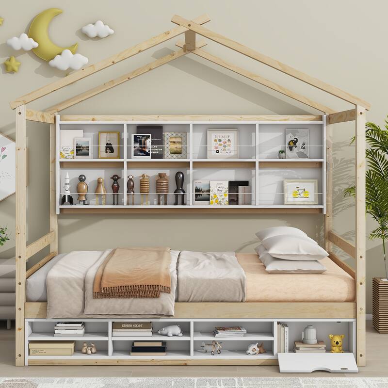 Full House Bed with Roof Frame, Bedside-shelves, Under Bed Storage Unit
