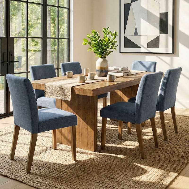 Parsons Dining Chairs with Linen Upholstery and Solid Wood Legs - 6-Piece - Blue-6