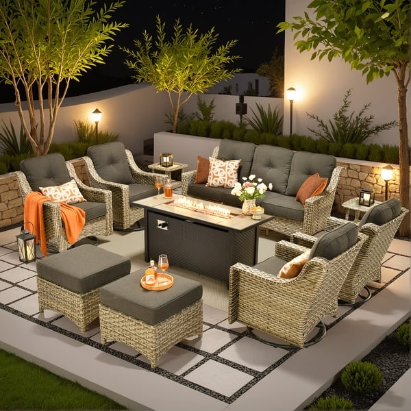 slide 2 of 73, OVIOS 10-piece Patio Wicker Swivel Rocking Chair Set With Fire Pit Black