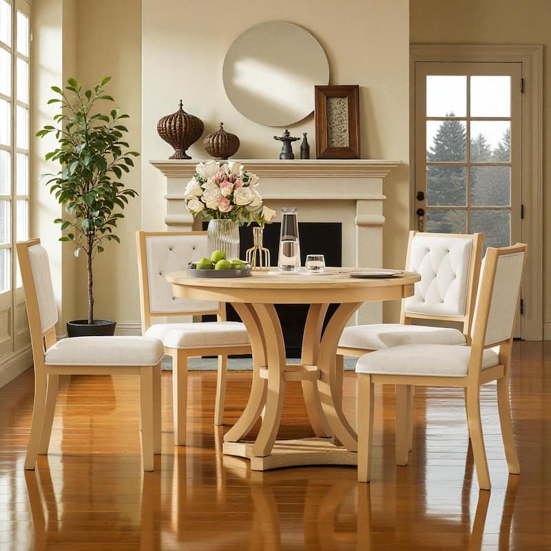 5-Piece Retro Extendable Round Dining Table Set, 42"-58" Wood Table with 4 Upholstered Chairs for Dining Room