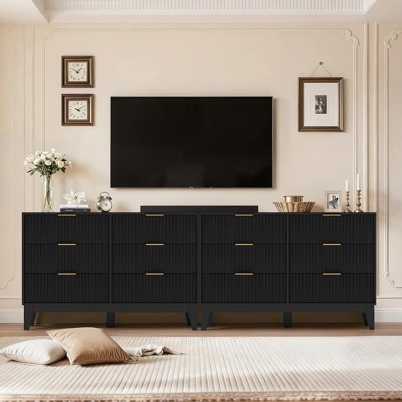 EROMMY Fluted Dresser 6 Drawer Mid Century Modern Dresser Wide Chest of Drawers with Metal Handles for Bedroom Living Room - Black