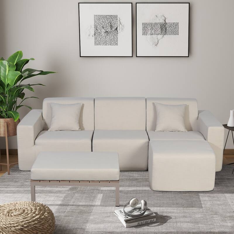 Outdoor and Indoor Modern Modular Patio Sectional Sofa with L-Shape Chaise, Cloud Sectional Couch with Comfy Chaise - Beige