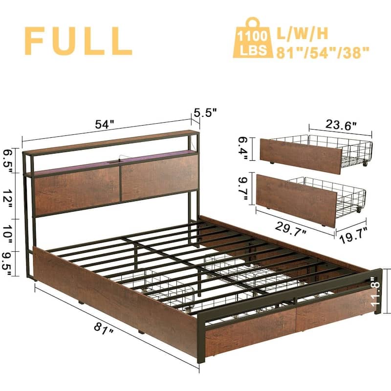 Platform Bed with Storage Headboard Drawers LED Lights and Built-In USB and AC Outlets Warm Wood Grain Full Size