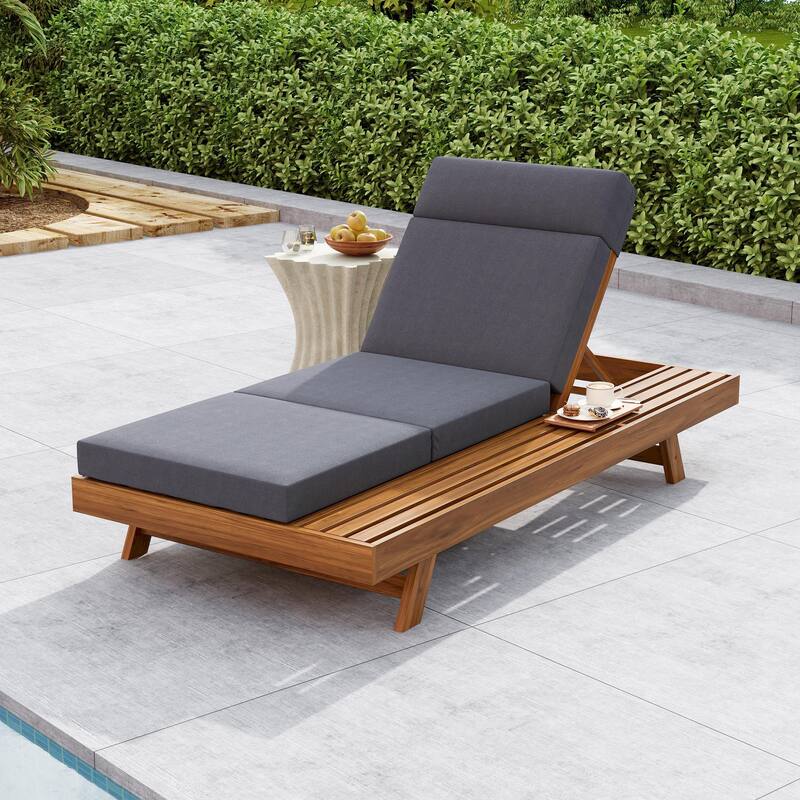 One-sided Open Storage Lounge Chairs Outdoor Patio Acacia Wood Chaise Lounge with Adjustable Backrest & Water-repellent Cushions - 4" Triple Fold Dark Grey Cushions - 1pc