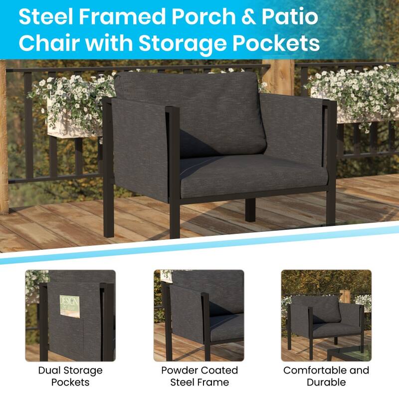 Steel Frame Patio Chair with Included Cushions & Storage Pockets