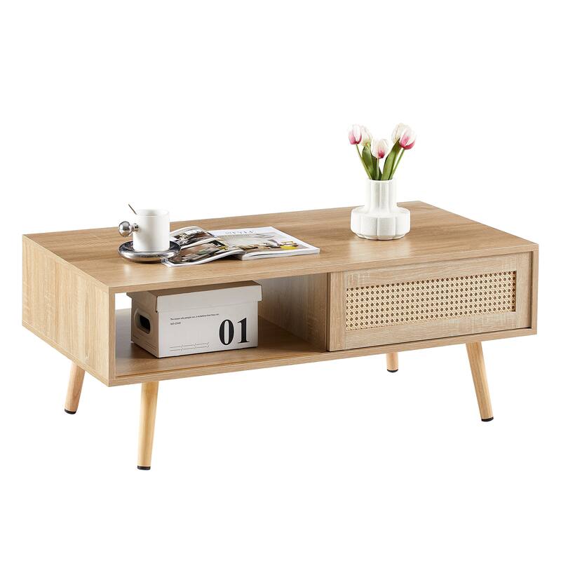 Rattan Coffee Table Modern Living Room Table with Sliding Rattan Door Panel Solid Wood Legs, for Living Room
