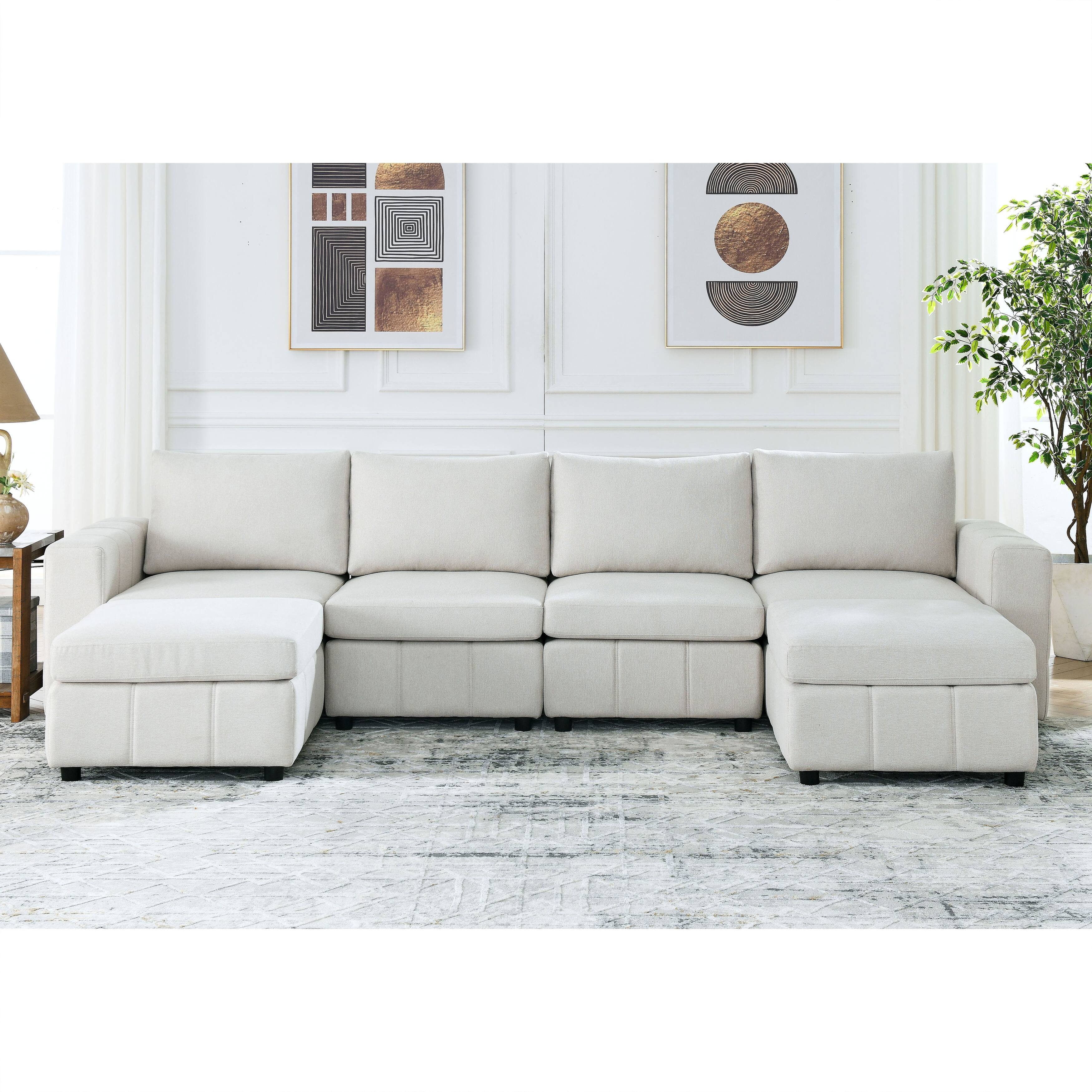 Upholstered Modular Couch L Shaped Sectional Sofa Sets with 2 Ottomans
