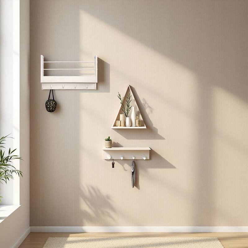 JJS Wall Mounted Floating Shelf with Coat Hooks & Key Holder Space-Saving Storage Rack for Books, Coats & Entryway Essentials